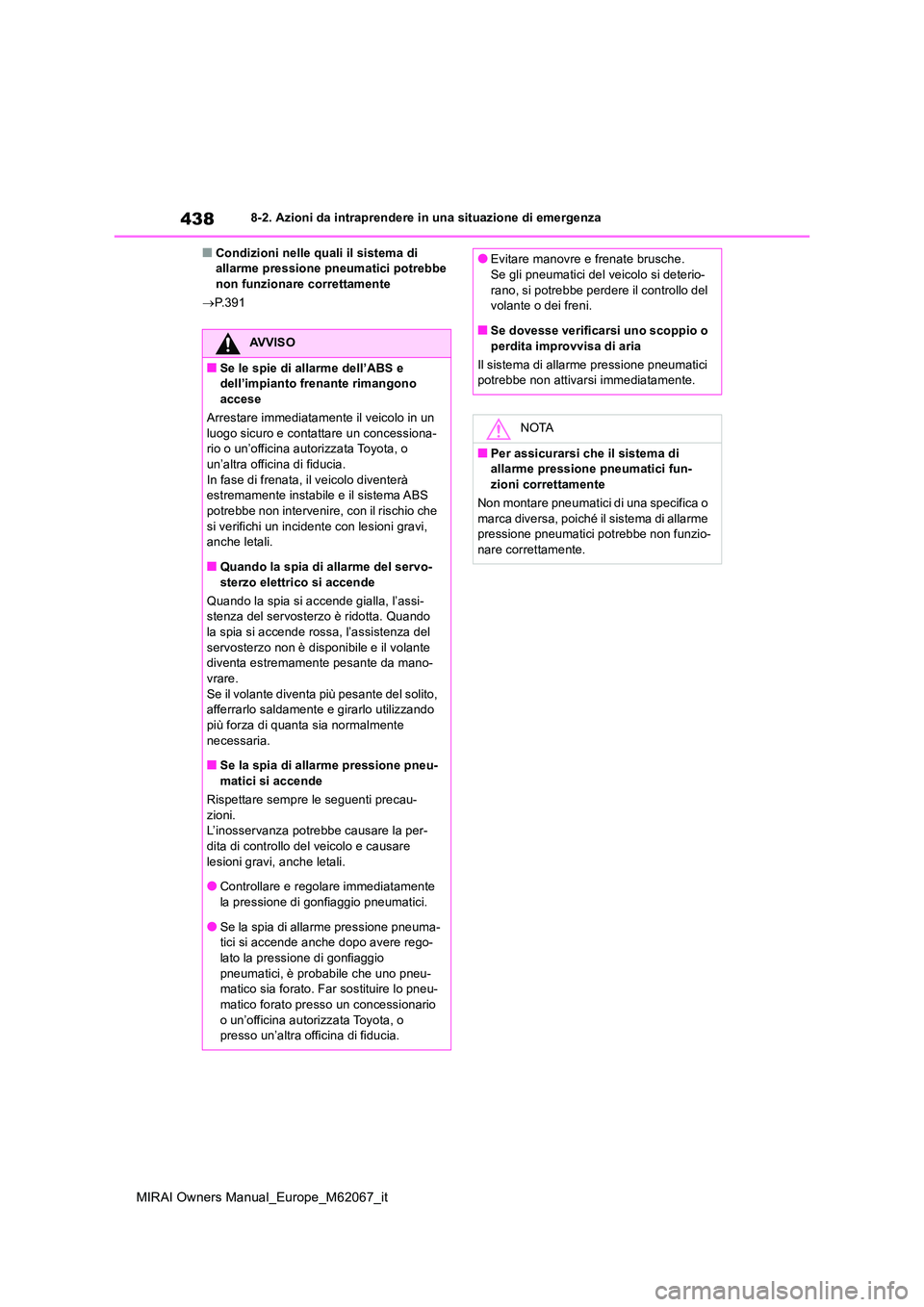 TOYOTA MIRAI 2020  Manuale duso (in Italian) 438
MIRAI Owners Manual_Europe_M62067_it
8-2. Azioni da intraprendere in una situazione di emergenza
■Condizioni nelle quali il sistema di  allarme pressione pneumatici potrebbe non funzionare corre