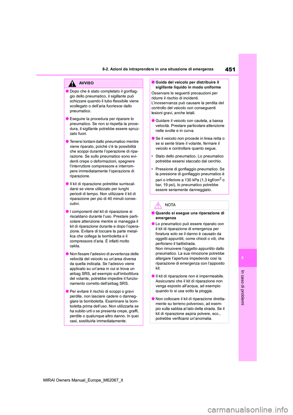 TOYOTA MIRAI 2020  Manuale duso (in Italian) 451
8
MIRAI Owners Manual_Europe_M62067_it
8-2. Azioni da intraprendere in una situazione di emergenza
In caso di problemi
AVVISO
●Dopo che è stato completato il gonfiag- 
gio dello pneumatico, il 