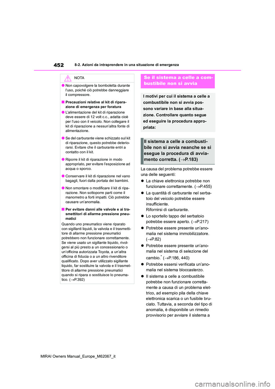 TOYOTA MIRAI 2020  Manuale duso (in Italian) 452
MIRAI Owners Manual_Europe_M62067_it
8-2. Azioni da intraprendere in una situazione di emergenza
La causa del problema potrebbe essere  
una delle seguenti: 
 La chiave elettronica potrebbe non