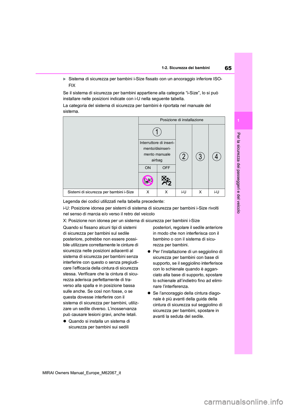 TOYOTA MIRAI 2020  Manuale duso (in Italian) 65
1
MIRAI Owners Manual_Europe_M62067_it
1-2. Sicurezza dei bambini
Per la sicurezza dei passeggeri e del veicolo
Sistema di sicurezza per bambini i-Size fissato con un ancoraggio inferiore ISO- 
