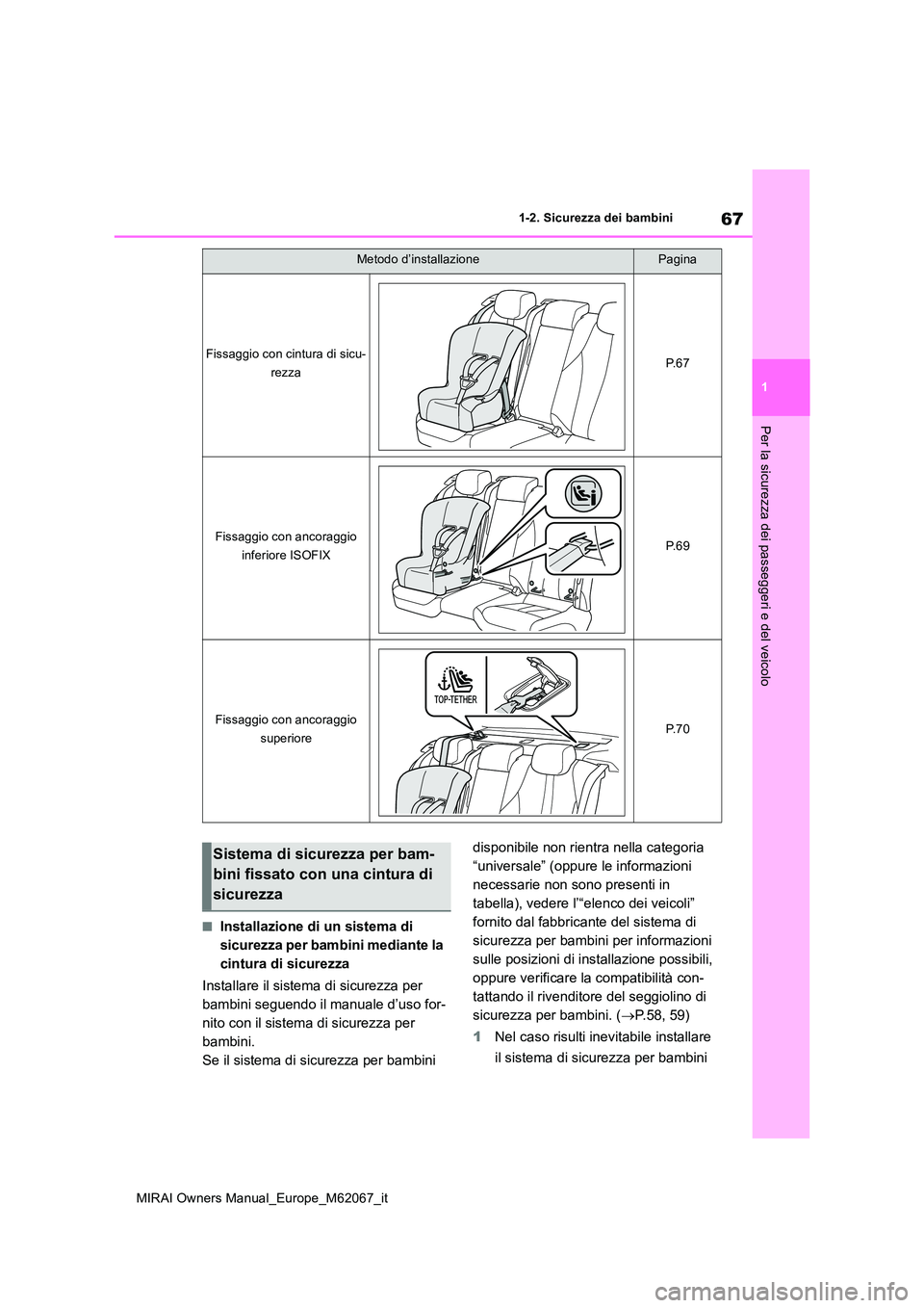 TOYOTA MIRAI 2020  Manuale duso (in Italian) 67
1
MIRAI Owners Manual_Europe_M62067_it
1-2. Sicurezza dei bambini
Per la sicurezza dei passeggeri e del veicolo
■Installazione di un sistema di  
sicurezza per bambini mediante la 
cintura di sic