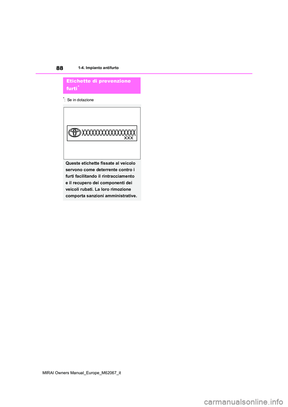 TOYOTA MIRAI 2020  Manuale duso (in Italian) 88
MIRAI Owners Manual_Europe_M62067_it
1-4. Impianto antifurto
*: Se in dotazione
Etichette di prevenzione  
furti*
Queste etichette fissate al veicolo  
servono come deterrente contro i  
furti faci
