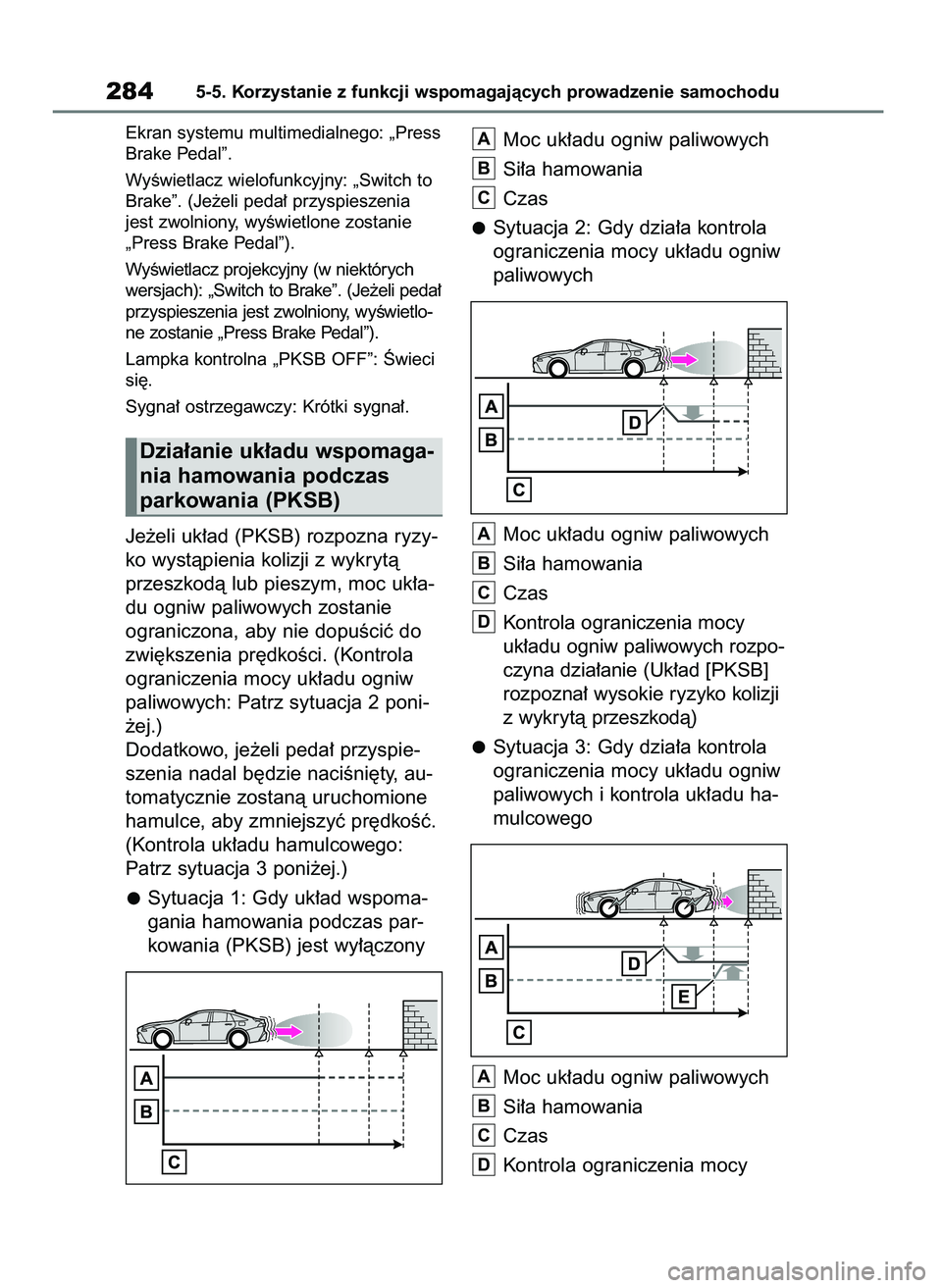 TOYOTA MIRAI 2020 Instrukcja obsługi (in Polish) Ekran systemu multimedialnego: „Press
Brake Pedal”.
WyÊwietlacz wielofunkcyjny: „Switch to
Brake”. (Je˝eli peda∏ przyspieszenia
jest zwolniony, wyÊwietlone zostanie
„Press Brake Pedal TOYOTA MIRAI 2020 Instrukcja obsługi (in Polish) Ekran systemu multimedialnego: „Press
Brake Pedal”.
WyÊwietlacz wielofunkcyjny: „Switch to
Brake”. (Je˝eli peda∏ przyspieszenia
jest zwolniony, wyÊwietlone zostanie
„Press Brake Pedal