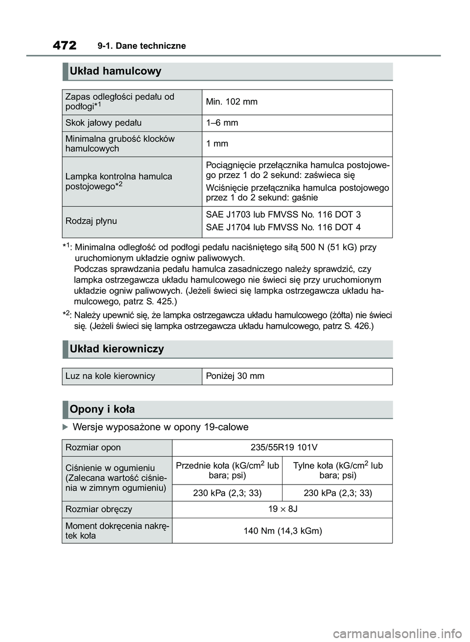 TOYOTA MIRAI 2020 Instrukcja obsługi (in Polish) *1: Minimalna odleg∏oÊç od pod∏ogi peda∏u naciÊni´tego si∏à 500 N (51 kG) przy
uruchomionym uk∏adzie ogniw paliwowych.
Podczas sprawdzania peda∏u hamulca zasadniczego nale˝y sprawdzi TOYOTA MIRAI 2020 Instrukcja obsługi (in Polish) *1: Minimalna odleg∏oÊç od pod∏ogi peda∏u naciÊni´tego si∏à 500 N (51 kG) przy
uruchomionym uk∏adzie ogniw paliwowych.
Podczas sprawdzania peda∏u hamulca zasadniczego nale˝y sprawdzi