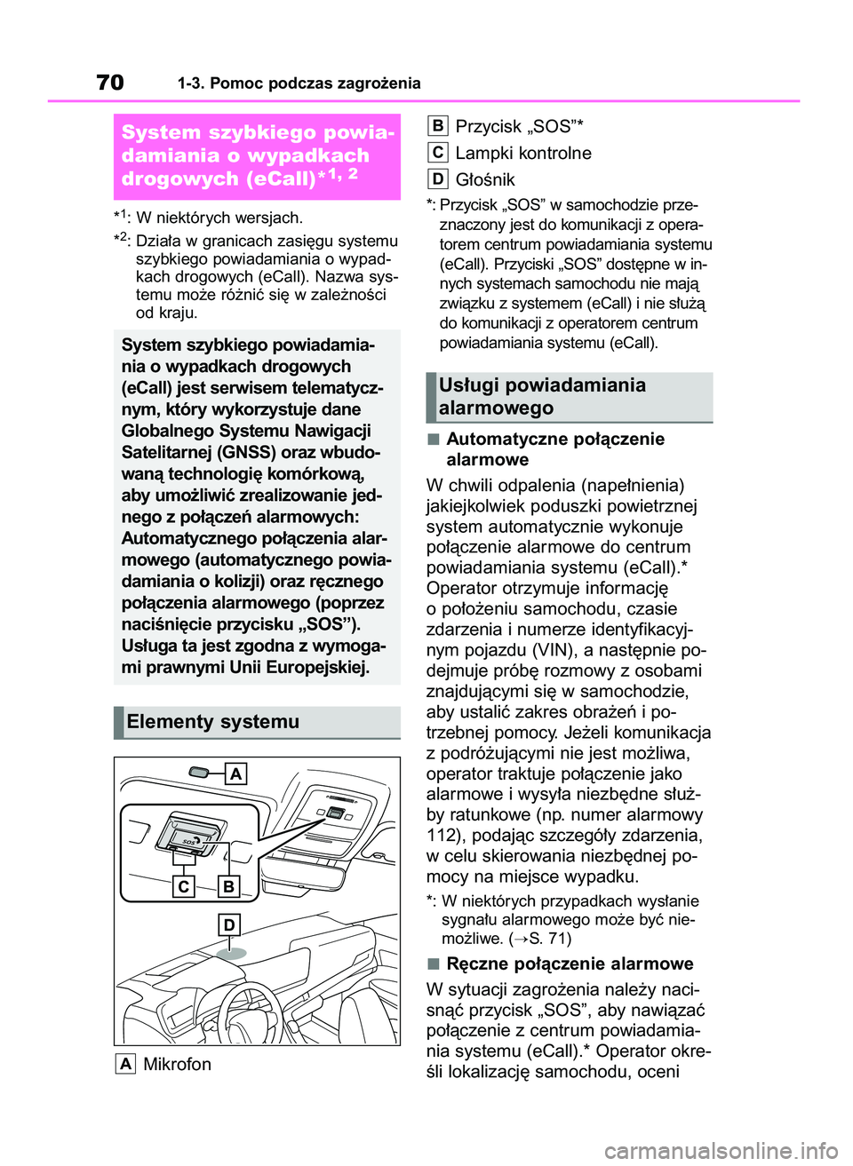 TOYOTA MIRAI 2020  Instrukcja obsługi (in Polish) *1: W niektórych wersjach.
*2: Dzia∏a w granicach zasi´gu systemu
szybkiego powiadamiania o wypad-
kach drogowych (eCall). Nazwa sys-
temu mo˝e ró˝niç si´ w zale˝noÊci
od kraju.
MikrofonPrz