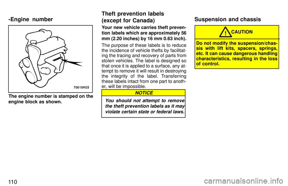 TOYOTA PASEO 1997  Owners Manual 11 0
The engine number is stamped on the 
engine block as shown.Your new vehicle carries theft preven-
tion labels which are approximately 56 mm (2.20 inches) by 16 mm 0.63 inch). 
The purpose of thes