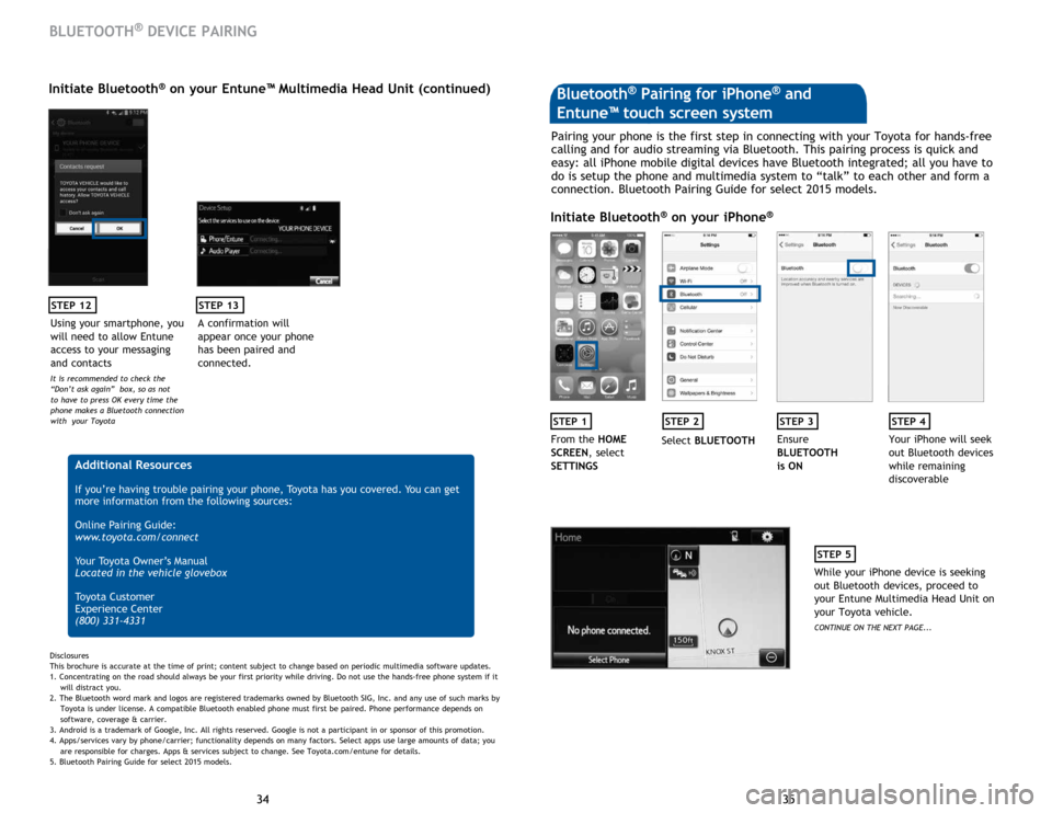 TOYOTA RAV4 2015 XA40 / 4.G Quick Reference Guide 35
34 35
34
STEP 12
BLUETOOTH® DEVICE PAIRING
Initiate Bluetooth® on your Entune™ Multimedia Head Unit (continued)
A confirmation will 
appear once your phone 
has been paired and 
connected.
STEP