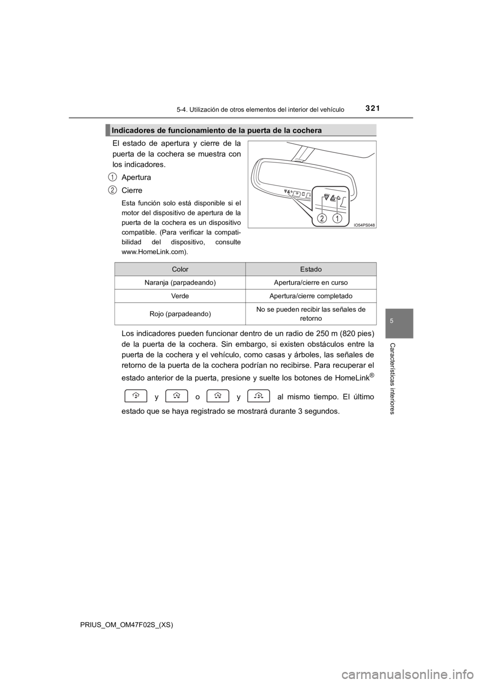 TOYOTA PRIUS 2022  Manual del propietario (in Spanish) PRIUS_OM_OM47F02S_(XS)
3215-4. Utilización de otros elementos del interior del vehículo
5
Características interiores
El  estado  de  apertura  y  cierre  de  la
puerta  de  la  cochera  se  muestra