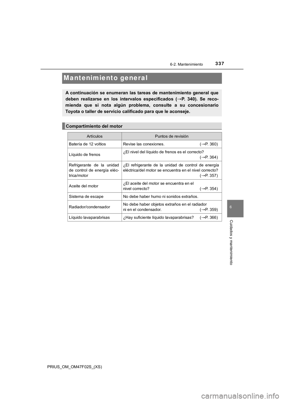 TOYOTA PRIUS 2022  Manual del propietario (in Spanish) 337
PRIUS_OM_OM47F02S_(XS)
6-2. Mantenimiento
6
Cuidados y mantenimiento
Mantenimiento general
A  continuación  se  enumeran  las  tareas  de  mantenimiento  general que
deben  realizarse  en  los  i