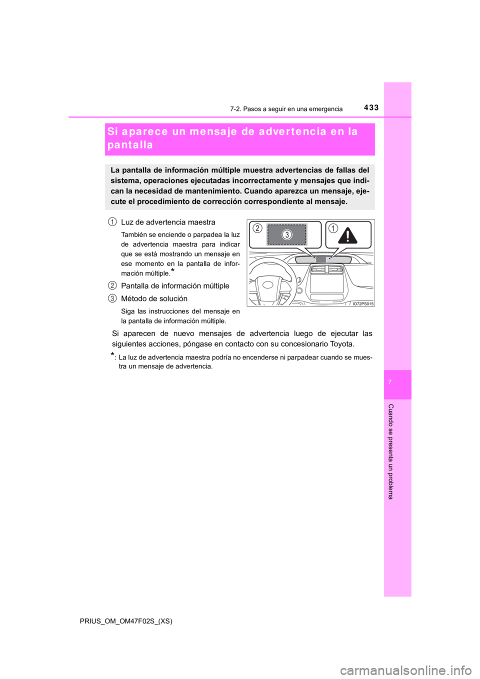 TOYOTA PRIUS 2022  Manual del propietario (in Spanish) 433
PRIUS_OM_OM47F02S_(XS)
7-2. Pasos a seguir en una emergencia
7
Cuando se presenta un problema
Si aparece un mensaje de advertencia en la 
pantalla
Luz de advertencia maestra
También se enciende o