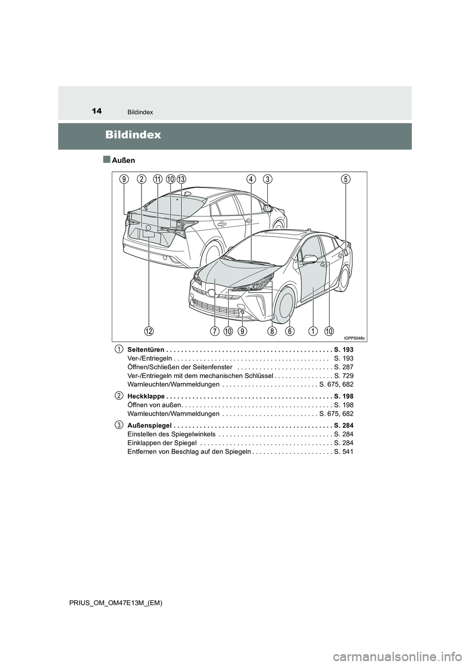 TOYOTA PRIUS 2021 Betriebsanleitungen (in German) 14Bildindex
PRIUS_OM_OM47E13M_(EM)
Bildindex
■Außen
Seitentüren . . . . . . . . . . . . . . . . . . . . . . . . . . . . . . . . . . . . . . . . . . . . . S. 193
Ver-/Entriegeln . . . . . . . . . TOYOTA PRIUS 2021 Betriebsanleitungen (in German) 14Bildindex
PRIUS_OM_OM47E13M_(EM)
Bildindex
■Außen
Seitentüren . . . . . . . . . . . . . . . . . . . . . . . . . . . . . . . . . . . . . . . . . . . . . S. 193
Ver-/Entriegeln . . . . . . . . .