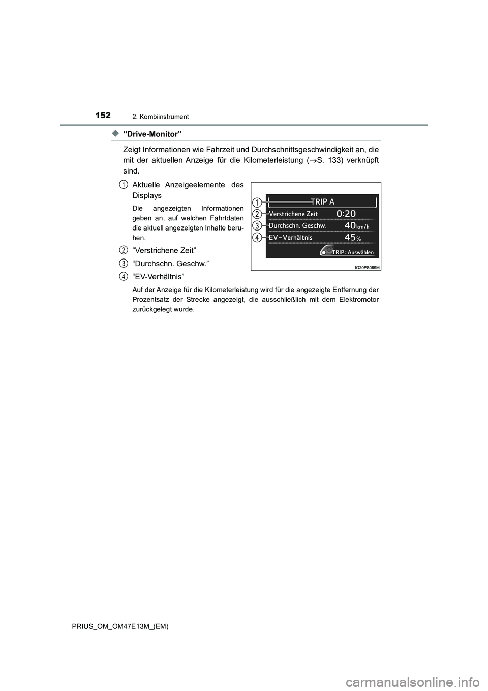 TOYOTA PRIUS 2021  Betriebsanleitungen (in German) 1522. Kombiinstrument
PRIUS_OM_OM47E13M_(EM)
◆“Drive-Monitor”
Zeigt Informationen wie Fahrzeit und Durchschnittsgeschwindigkeit an, die
mit  der  aktuellen  Anzeige  für  die  Kilometerleistung