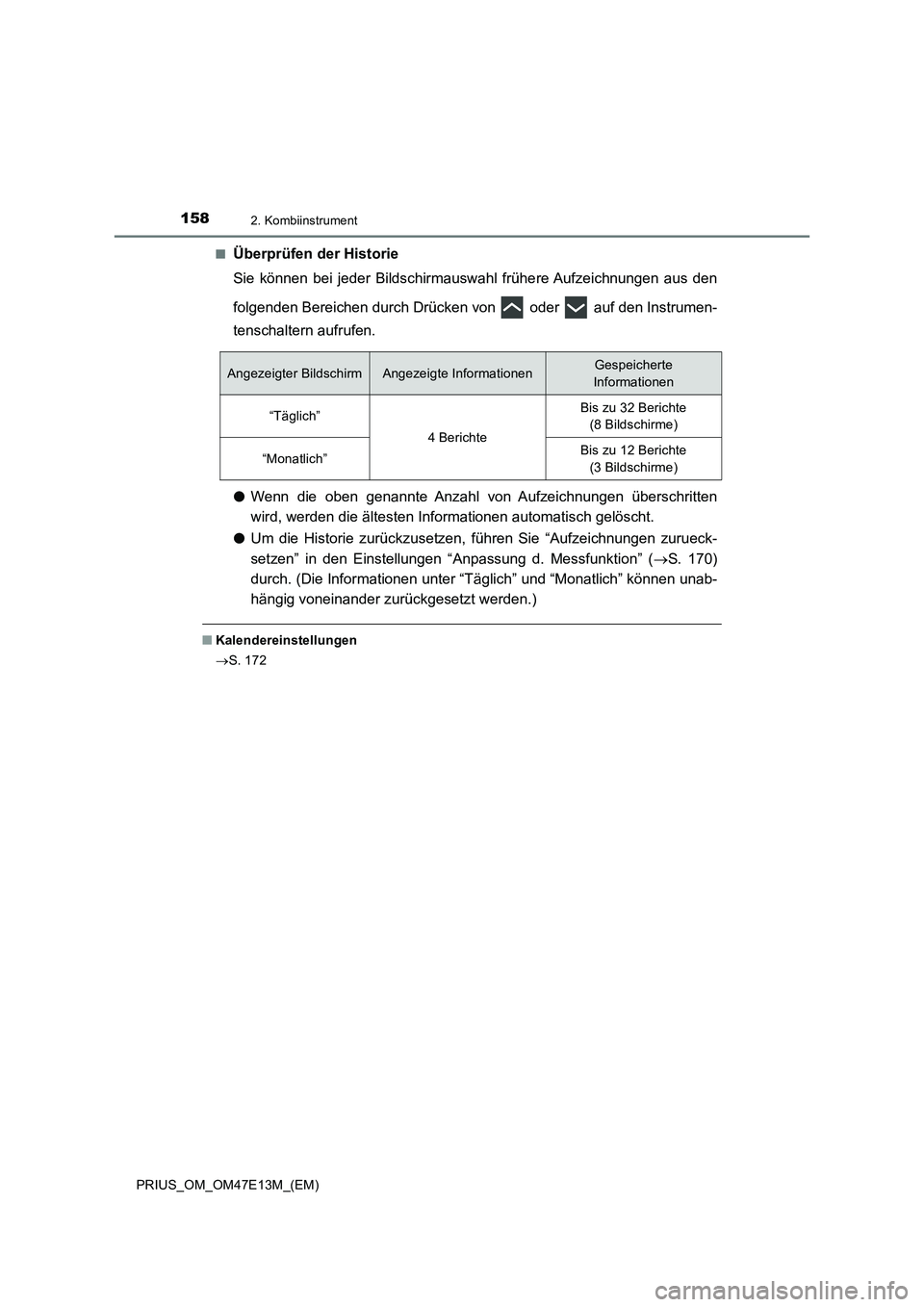 TOYOTA PRIUS 2021  Betriebsanleitungen (in German) 1582. Kombiinstrument
PRIUS_OM_OM47E13M_(EM)■
Überprüfen der Historie
Sie  können  bei  jeder  Bildschirmauswahl  frühere Aufzeichnungen  aus  den
folgenden Bereichen durch Drücken von   oder  