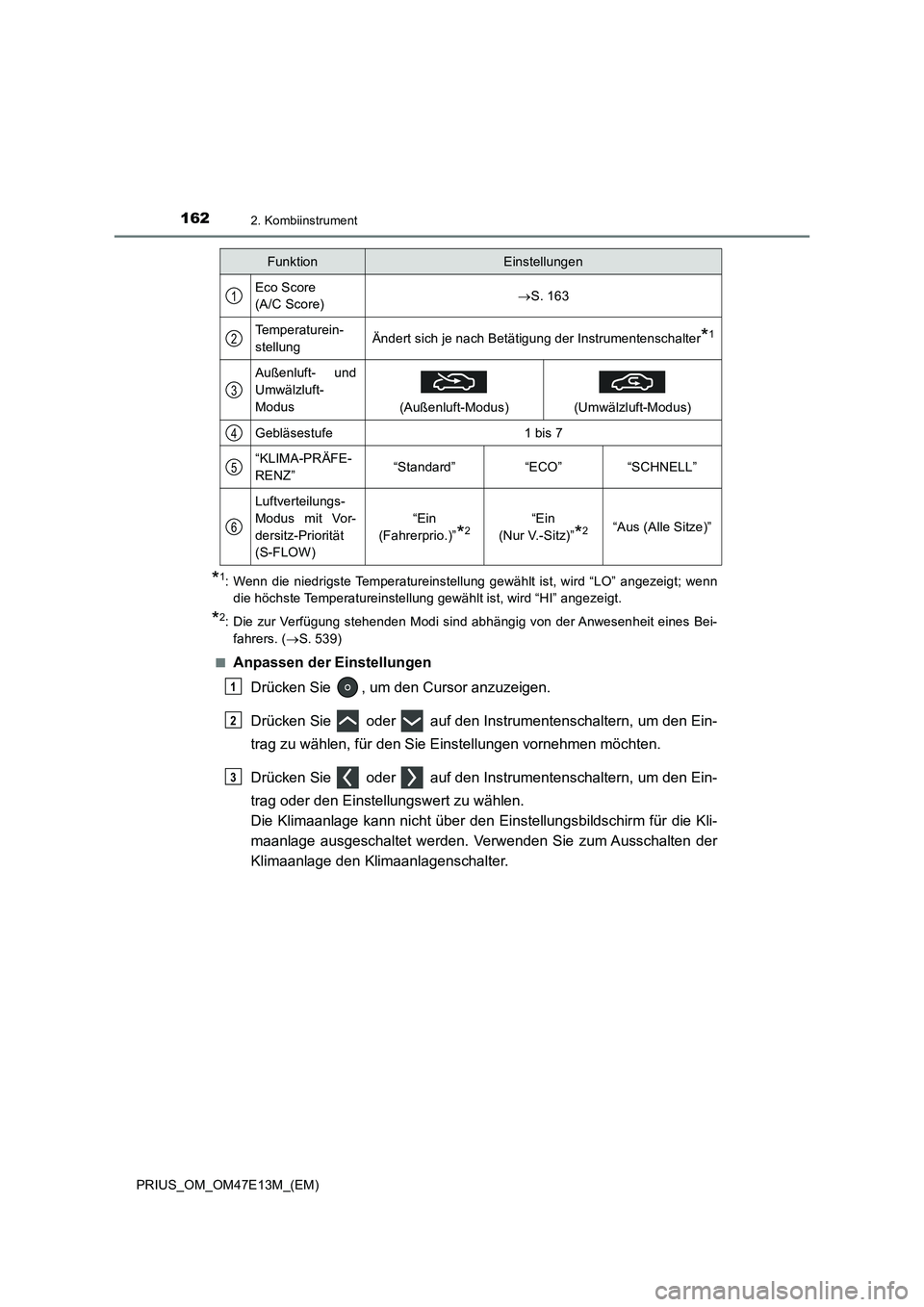 TOYOTA PRIUS 2021 Betriebsanleitungen (in German) 1622. Kombiinstrument
PRIUS_OM_OM47E13M_(EM)
*1: Wenn die niedrigste Temperatureinstellung gewählt ist, wird “LO” angezeigt; wenn
die höchste Temperatureinstellung gewählt ist, wird “ TOYOTA PRIUS 2021 Betriebsanleitungen (in German) 1622. Kombiinstrument
PRIUS_OM_OM47E13M_(EM)
*1: Wenn die niedrigste Temperatureinstellung gewählt ist, wird “LO” angezeigt; wenn
die höchste Temperatureinstellung gewählt ist, wird “