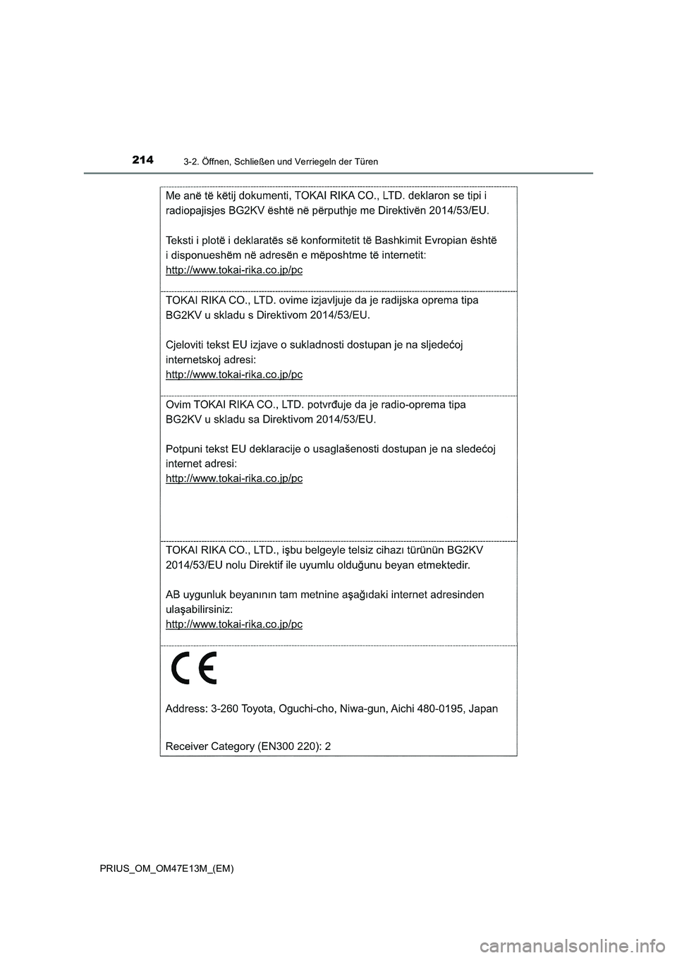 TOYOTA PRIUS 2021  Betriebsanleitungen (in German) 2143-2. Öffnen, Schließen und Verriegeln der Türen
PRIUS_OM_OM47E13M_(EM) 
