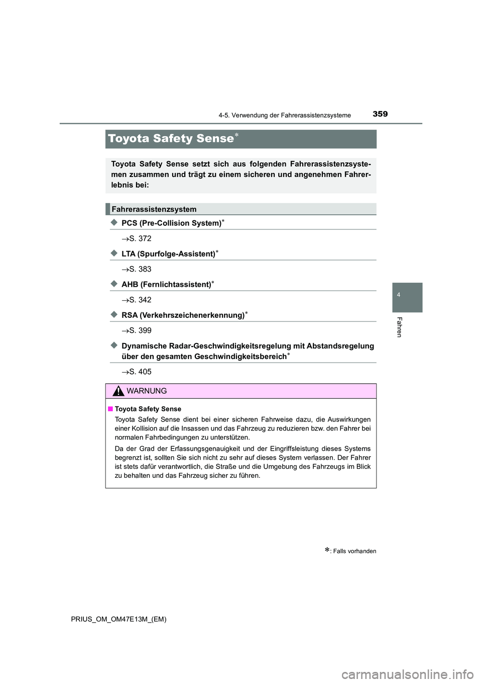 TOYOTA PRIUS 2021 Betriebsanleitungen (in German) 359
4
4-5. Verwendung der Fahrerassistenzsysteme
Fahren
PRIUS_OM_OM47E13M_(EM)
Toyota Safety Sense
◆PCS (Pre-Collision System)
S. 372
◆LTA (Spurfolge-Assistent)
S. 383
◆AHB (Fernl TOYOTA PRIUS 2021 Betriebsanleitungen (in German) 359
4
4-5. Verwendung der Fahrerassistenzsysteme
Fahren
PRIUS_OM_OM47E13M_(EM)
Toyota Safety Sense
◆PCS (Pre-Collision System)
S. 372
◆LTA (Spurfolge-Assistent)
S. 383
◆AHB (Fernl