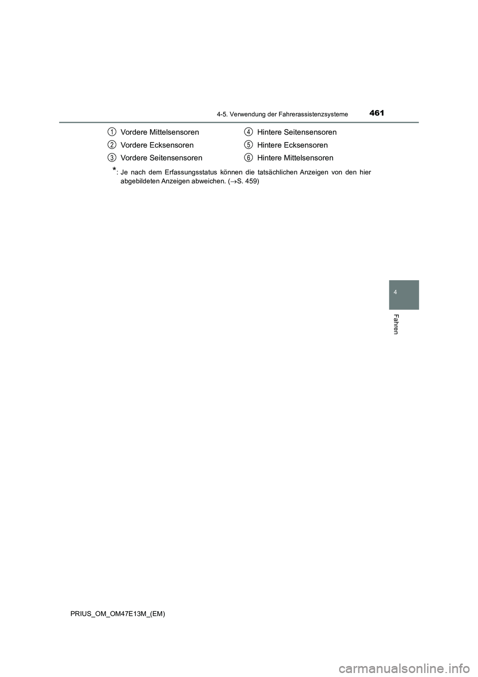 TOYOTA PRIUS 2021  Betriebsanleitungen (in German) 4614-5. Verwendung der Fahrerassistenzsysteme
4
Fahren
PRIUS_OM_OM47E13M_(EM)
*: Je  nach  dem  Erfassungsstatus  können  die  tatsächlichen  Anzeigen von den hier
abgebildeten Anzeigen abweichen. (
