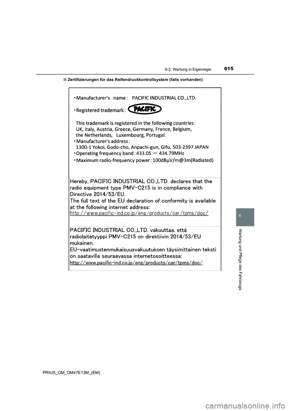 TOYOTA PRIUS 2021  Betriebsanleitungen (in German) 6156-3. Wartung in Eigenregie
PRIUS_OM_OM47E13M_(EM)
6
Wartung und Pflege des Fahrzeugs
■Zertifizierungen für das Reifendruckkontrollsystem (falls vorhanden) 