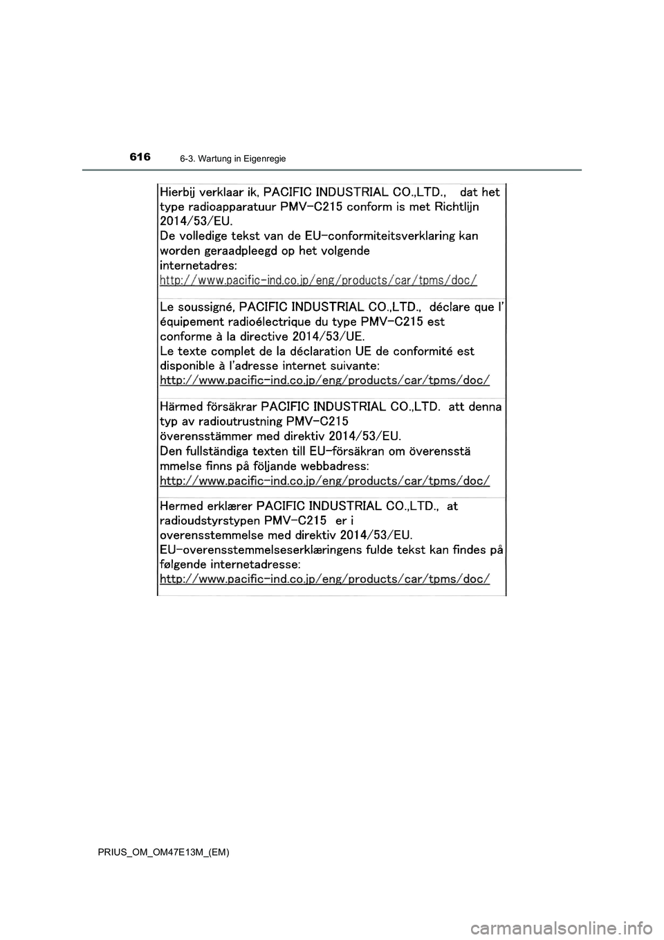 TOYOTA PRIUS 2021  Betriebsanleitungen (in German) 6166-3. Wartung in Eigenregie
PRIUS_OM_OM47E13M_(EM) 