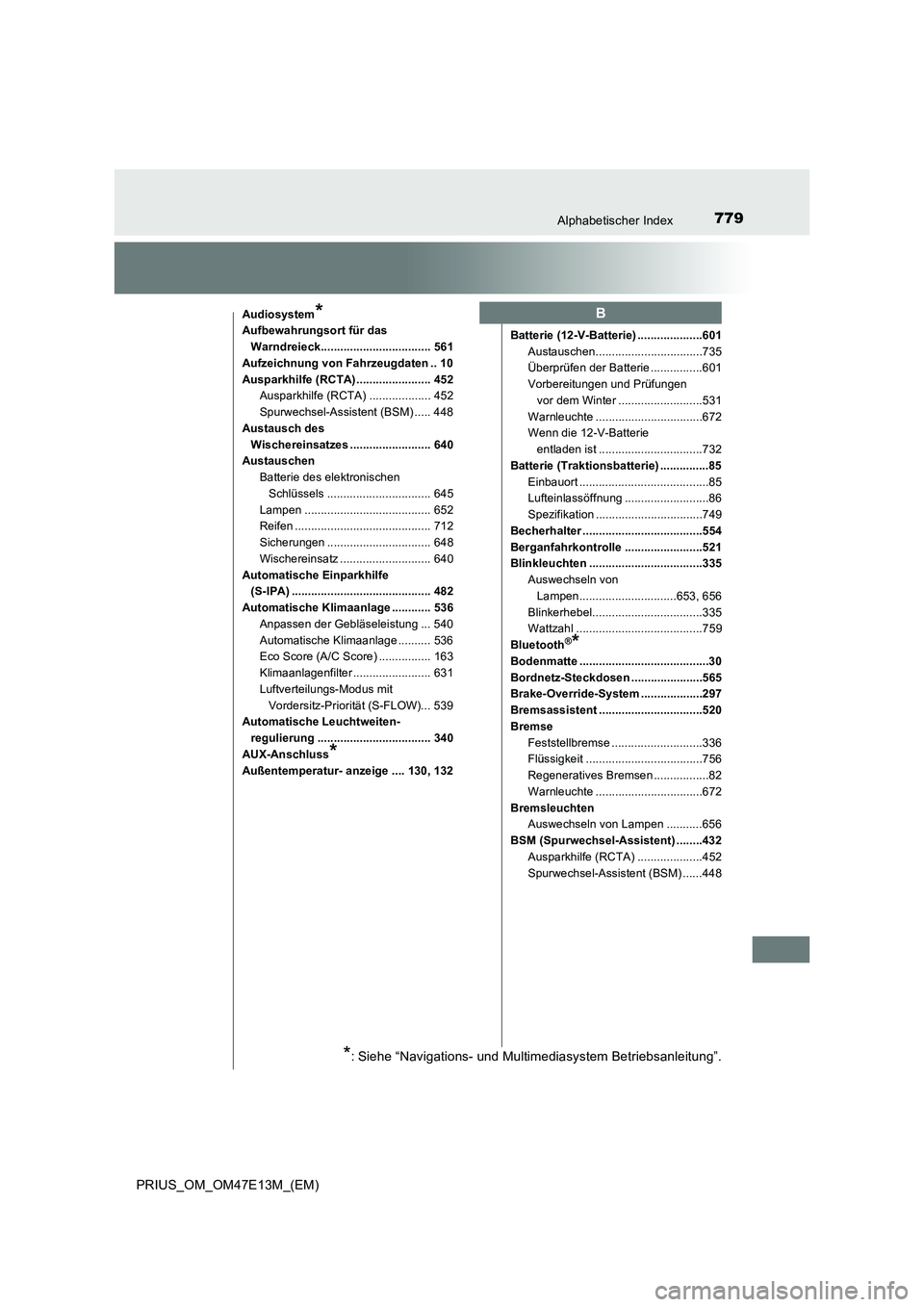 TOYOTA PRIUS 2021 Betriebsanleitungen (in German) 779Alphabetischer Index
PRIUS_OM_OM47E13M_(EM)
Audiosystem*
Aufbewahrungsort für das
Warndreieck.................................. 561
Aufzeichnung von Fahrzeugdaten .. 10
Ausparkhilfe (RCTA) ...... TOYOTA PRIUS 2021 Betriebsanleitungen (in German) 779Alphabetischer Index
PRIUS_OM_OM47E13M_(EM)
Audiosystem*
Aufbewahrungsort für das
Warndreieck.................................. 561
Aufzeichnung von Fahrzeugdaten .. 10
Ausparkhilfe (RCTA) ......