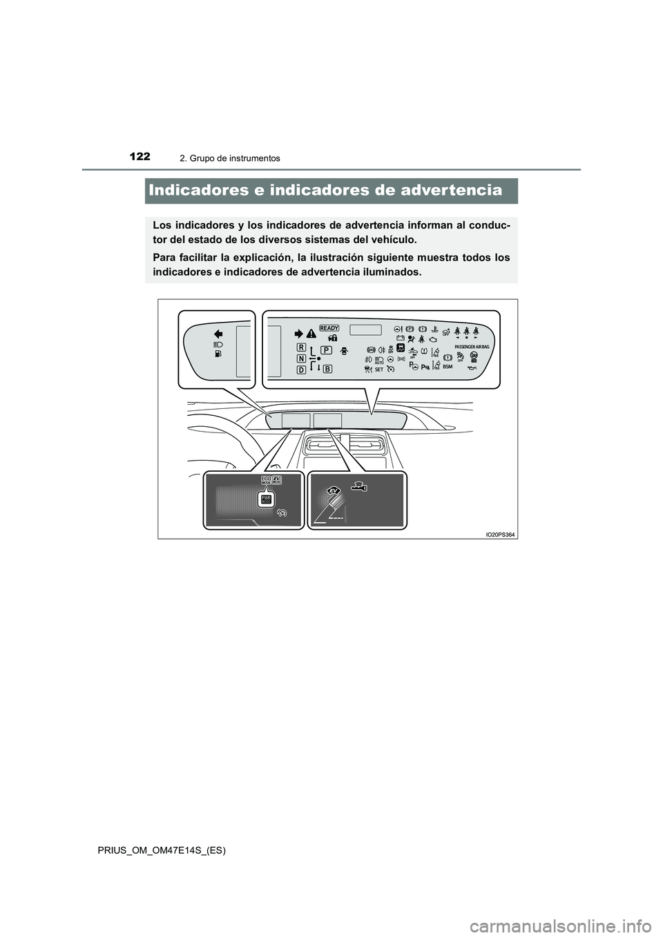 TOYOTA PRIUS 2021  Manual del propietario (in Spanish) 1222. Grupo de instrumentos
PRIUS_OM_OM47E14S_(ES)
Indicadores e indicadores de adver tencia
Los  indicadores  y  los  indicadores  de  advertencia  informan  al  conduc-
tor del estado de los diverso
