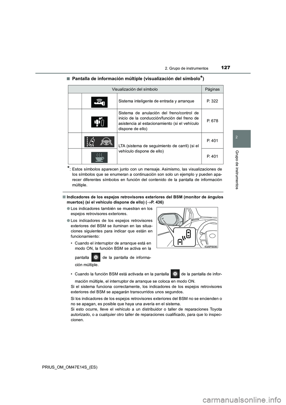 TOYOTA PRIUS 2021  Manual del propietario (in Spanish) 1272. Grupo de instrumentos
2
Grupo de instrumentos
PRIUS_OM_OM47E14S_(ES)�Q
Pantalla de información múltiple (visualización del símbolo*)
*: Estos  símbolos  aparecen  junto  con  un  mensaje. A