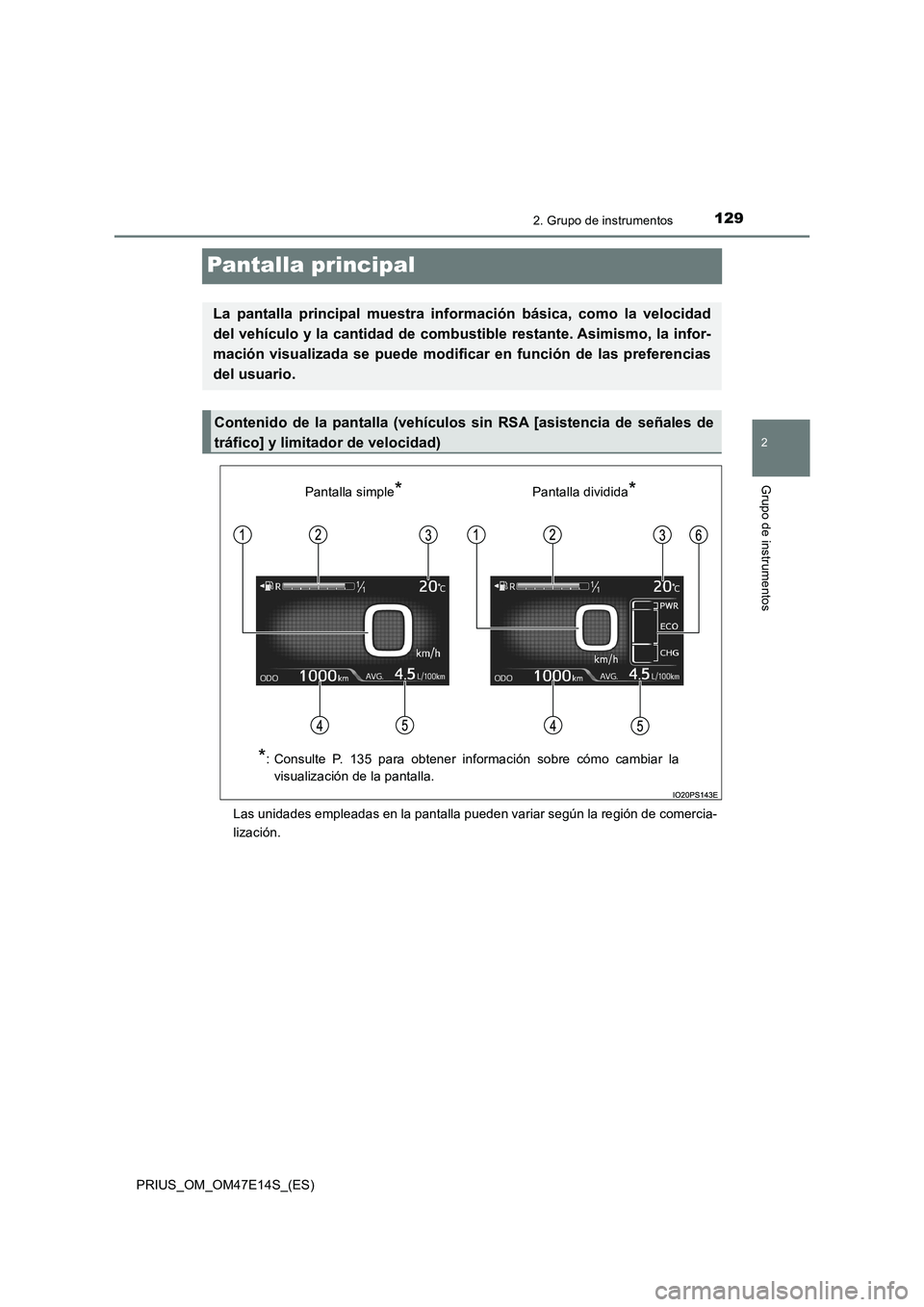 TOYOTA PRIUS 2021  Manual del propietario (in Spanish) 129
2
2. Grupo de instrumentos
Grupo de instrumentos
PRIUS_OM_OM47E14S_(ES)
Pantalla principal
Las unidades empleadas en la pantalla pueden variar según la región de comercia-
lización.
La  pantall