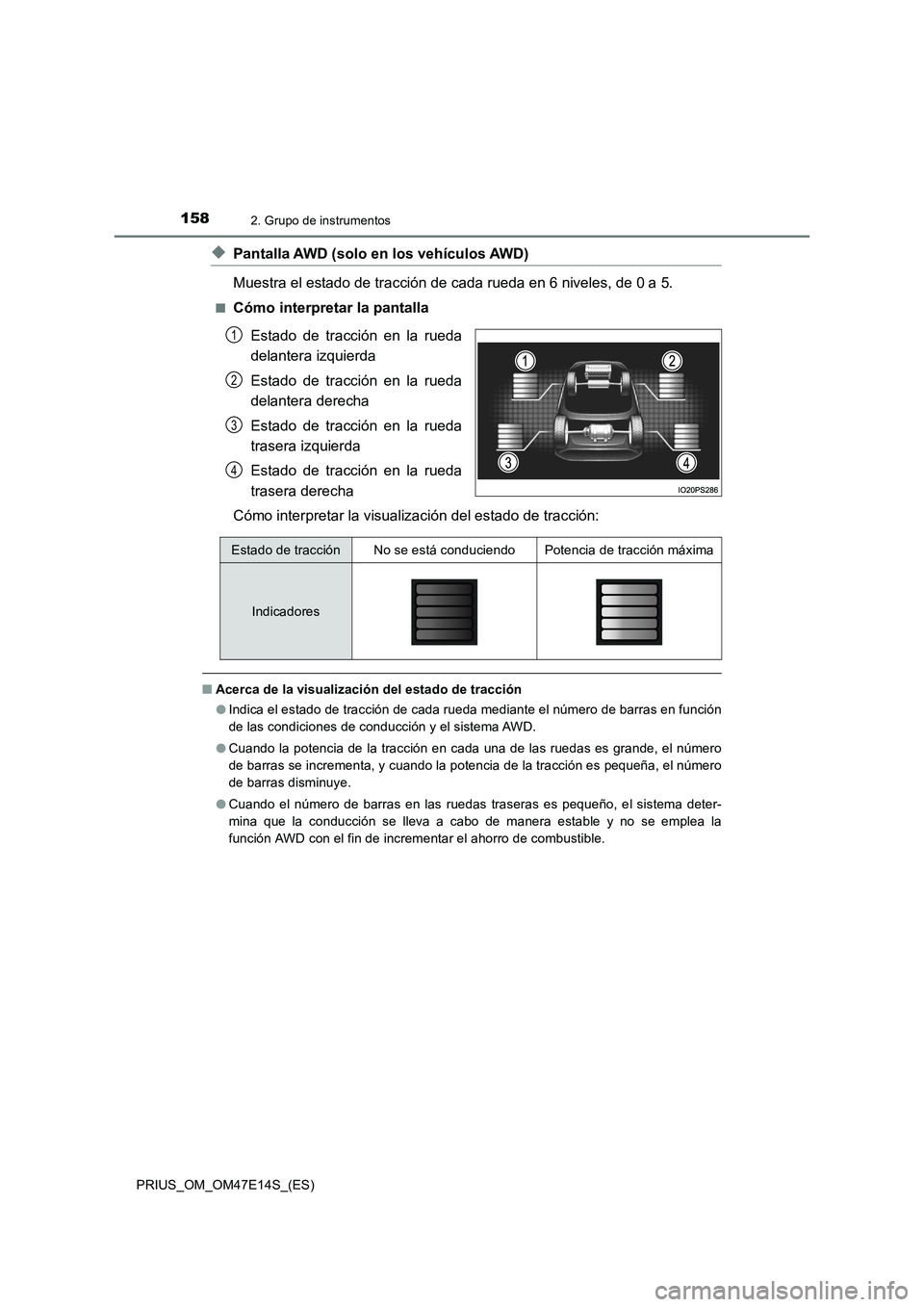 TOYOTA PRIUS 2021  Manual del propietario (in Spanish) 1582. Grupo de instrumentos
PRIUS_OM_OM47E14S_(ES)
�XPantalla AWD (solo en los vehículos AWD)
Muestra el estado de tracción de cada rueda en 6 niveles, de 0 a5.
�QCómo interpretar la pantalla
Estad
