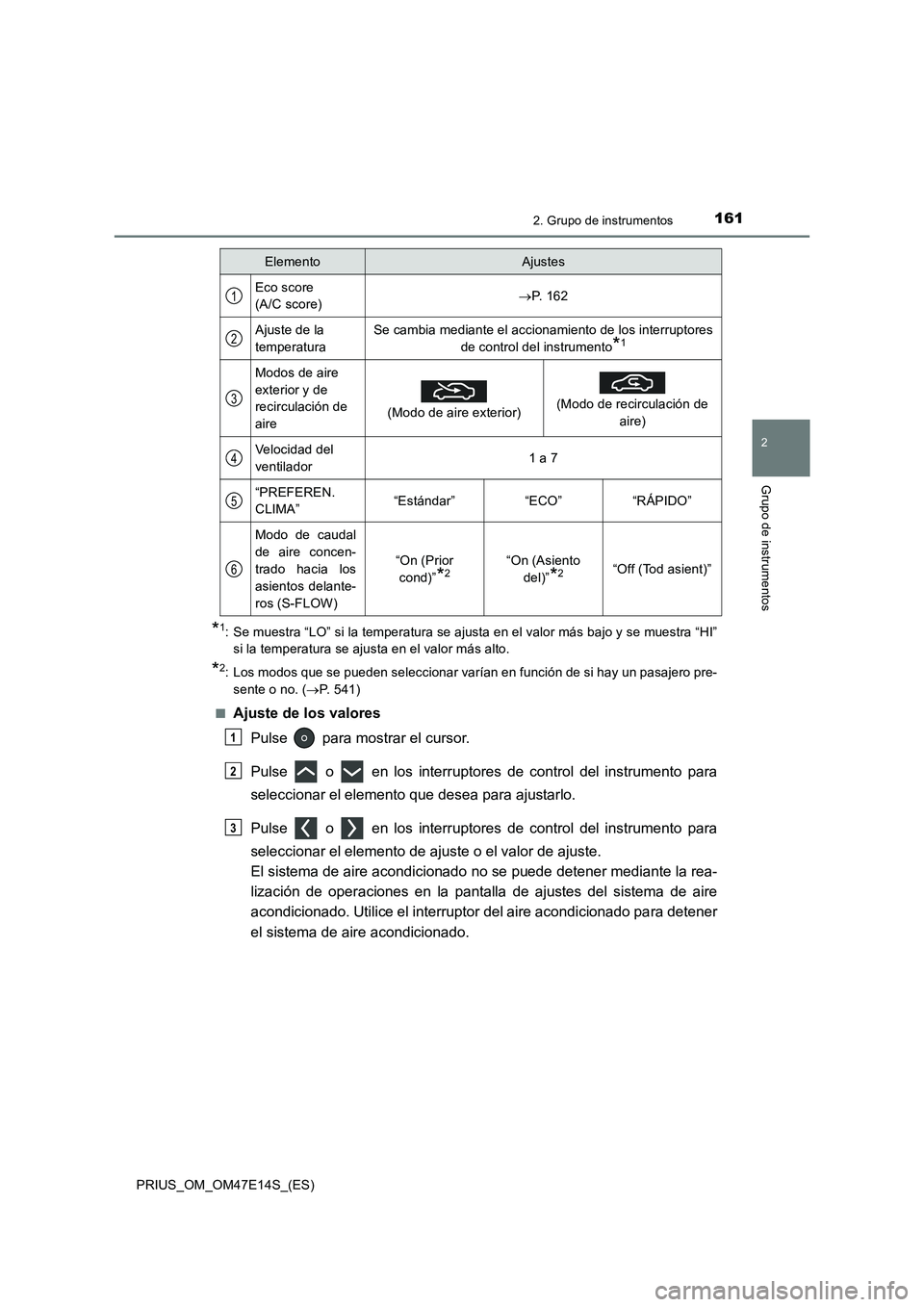 TOYOTA PRIUS 2021  Manual del propietario (in Spanish) 1612. Grupo de instrumentos
2
Grupo de instrumentos
PRIUS_OM_OM47E14S_(ES)
*1: Se muestra “LO” si la temperatura se ajusta en el valor más bajo y se muestra “HI”
si la temperatura se ajusta e