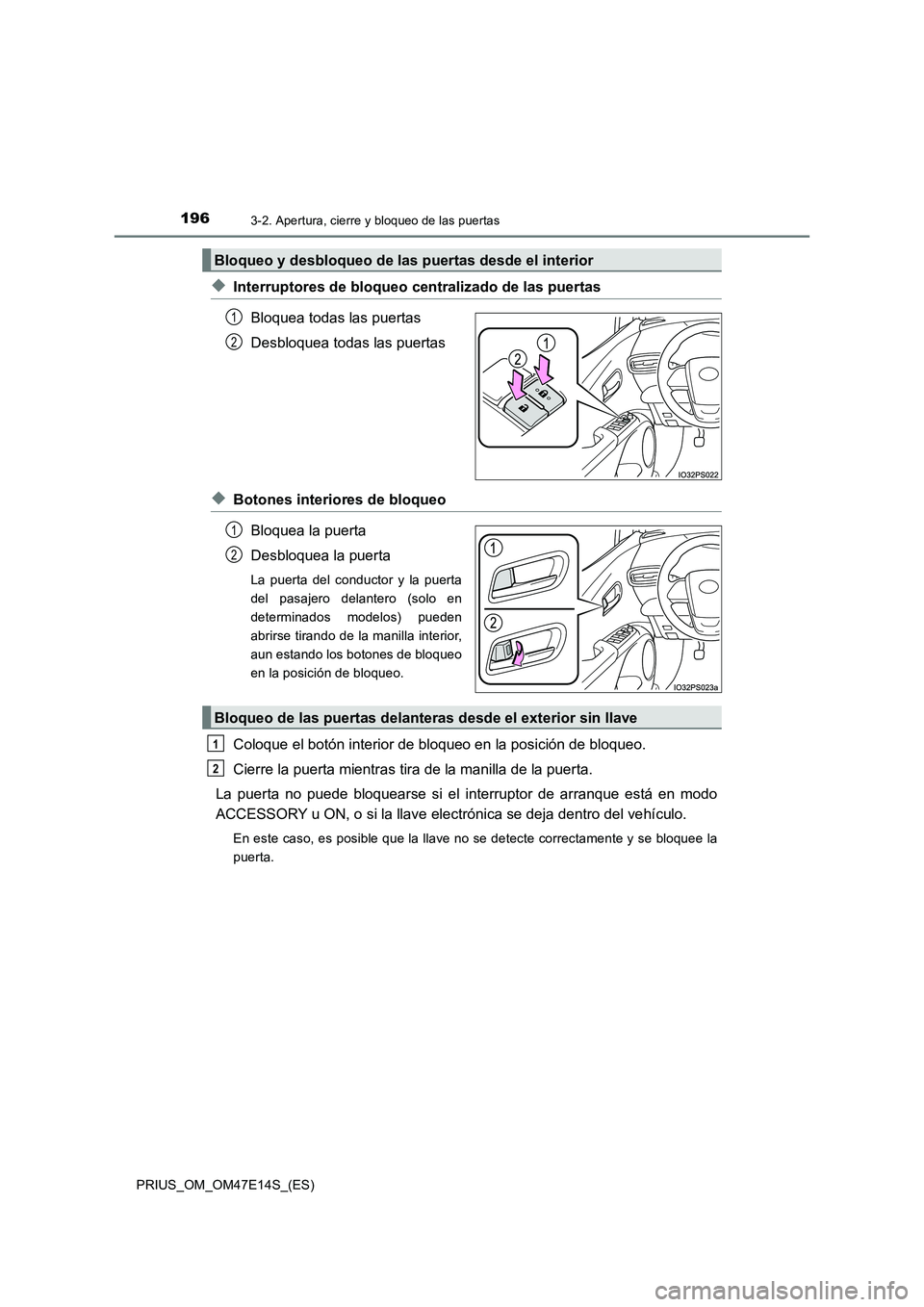 TOYOTA PRIUS 2021  Manual del propietario (in Spanish) 1963-2. Apertura, cierre y bloqueo de las puertas
PRIUS_OM_OM47E14S_(ES)
�XInterruptores de bloqueo centralizado de las puertas
Bloquea todas las puertas
Desbloquea todas las puertas
�XBotones interio