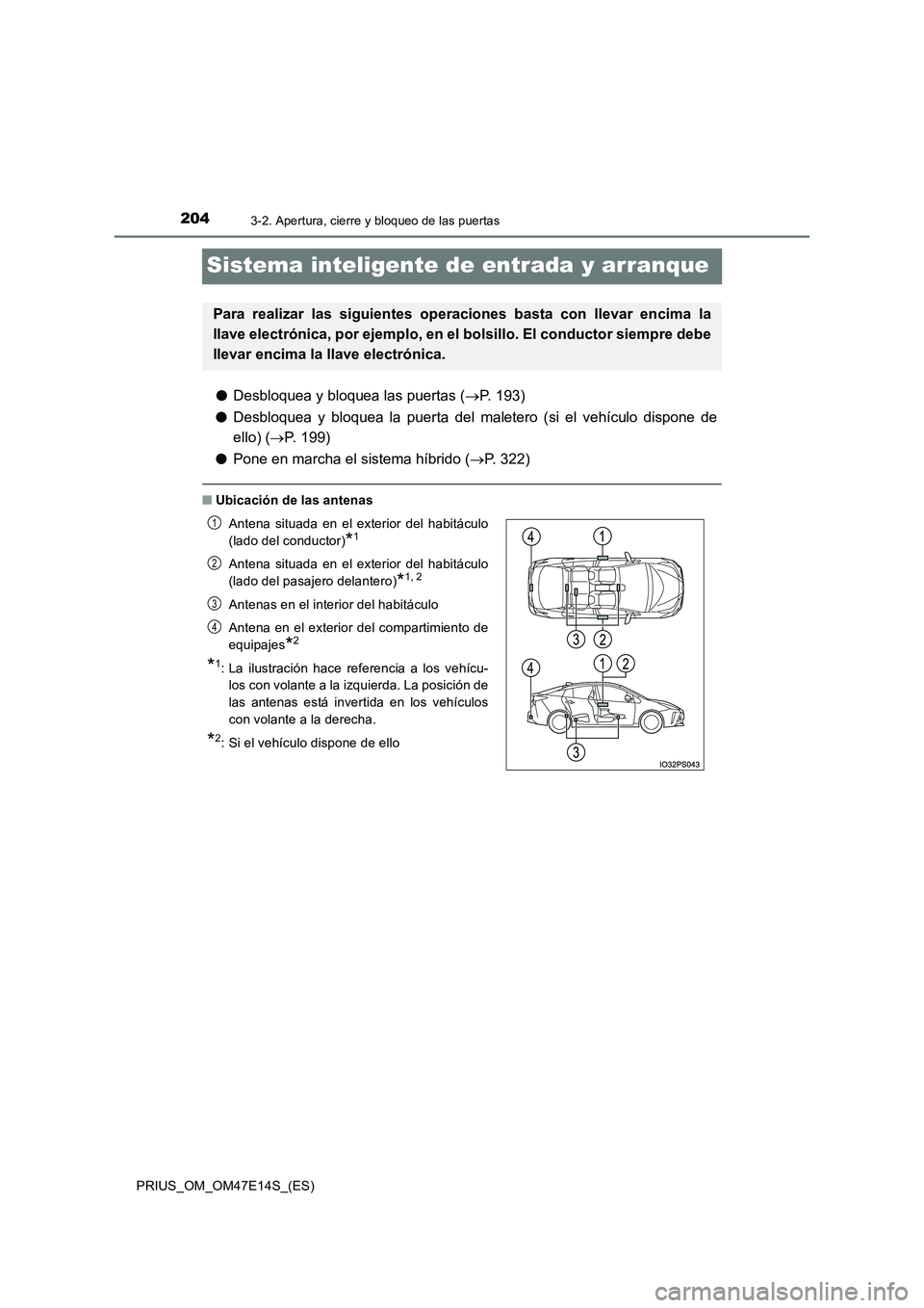 TOYOTA PRIUS 2021  Manual del propietario (in Spanish) 2043-2. Apertura, cierre y bloqueo de las puertas
PRIUS_OM_OM47E14S_(ES)
Sistema inteligente de entrada y arranque
�ODesbloquea y bloquea las puertas (P. 193) 
�O Desbloquea  y  bloquea  la  puerta