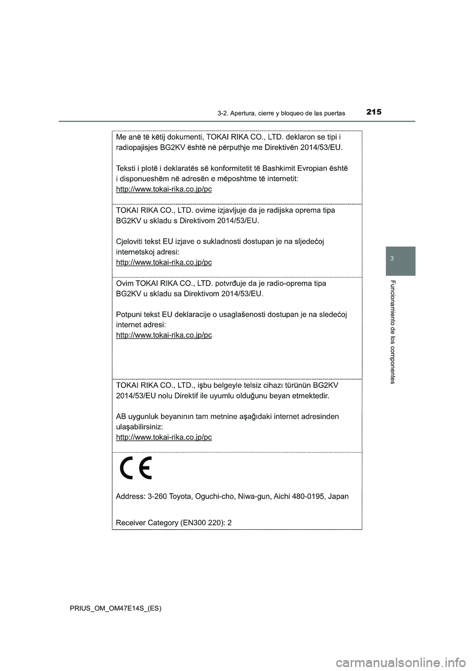 TOYOTA PRIUS 2021  Manual del propietario (in Spanish) 2153-2. Apertura, cierre y bloqueo de las puertas
3
Funcionamiento de los componentes
PRIUS_OM_OM47E14S_(ES) 