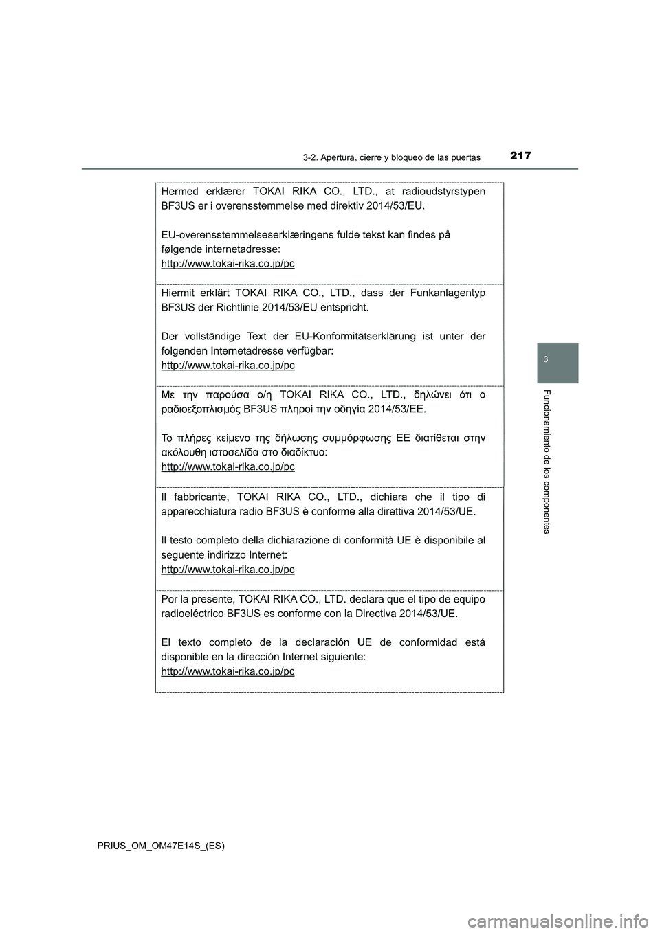 TOYOTA PRIUS 2021  Manual del propietario (in Spanish) 2173-2. Apertura, cierre y bloqueo de las puertas
3
Funcionamiento de los componentes
PRIUS_OM_OM47E14S_(ES) 