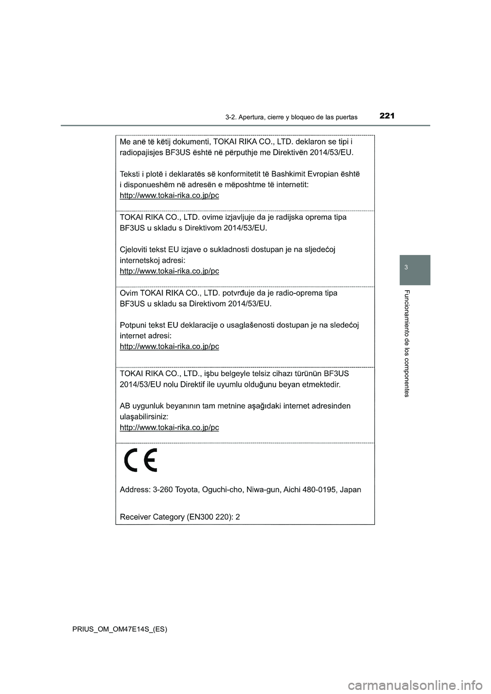 TOYOTA PRIUS 2021  Manual del propietario (in Spanish) 2213-2. Apertura, cierre y bloqueo de las puertas
3
Funcionamiento de los componentes
PRIUS_OM_OM47E14S_(ES) 