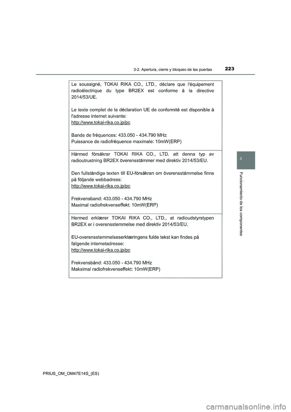 TOYOTA PRIUS 2021  Manual del propietario (in Spanish) 2233-2. Apertura, cierre y bloqueo de las puertas
3
Funcionamiento de los componentes
PRIUS_OM_OM47E14S_(ES) 