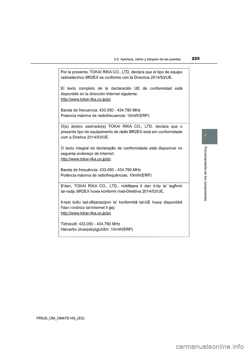 TOYOTA PRIUS 2021  Manual del propietario (in Spanish) 2253-2. Apertura, cierre y bloqueo de las puertas
3
Funcionamiento de los componentes
PRIUS_OM_OM47E14S_(ES) 