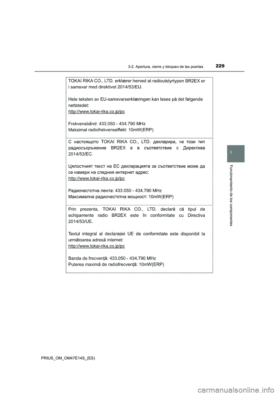 TOYOTA PRIUS 2021  Manual del propietario (in Spanish) 2293-2. Apertura, cierre y bloqueo de las puertas
3
Funcionamiento de los componentes
PRIUS_OM_OM47E14S_(ES) 