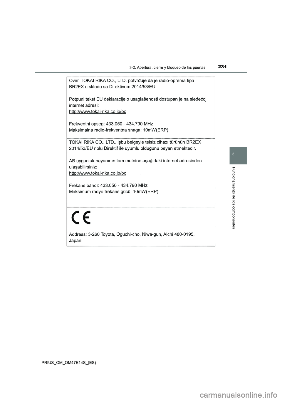 TOYOTA PRIUS 2021  Manual del propietario (in Spanish) 2313-2. Apertura, cierre y bloqueo de las puertas
3
Funcionamiento de los componentes
PRIUS_OM_OM47E14S_(ES) 