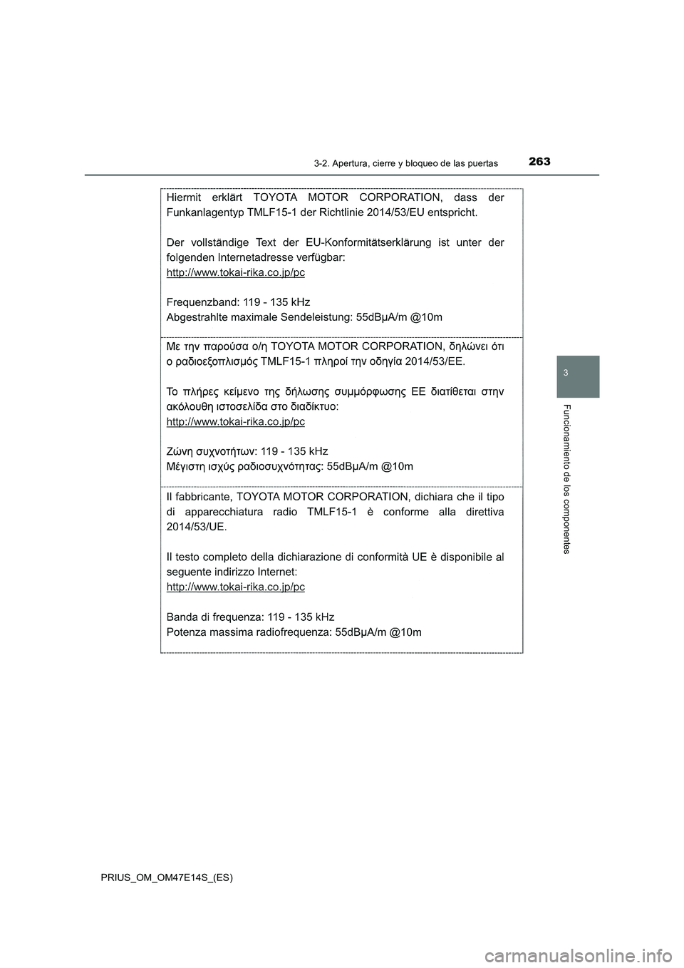 TOYOTA PRIUS 2021  Manual del propietario (in Spanish) 2633-2. Apertura, cierre y bloqueo de las puertas
3
Funcionamiento de los componentes
PRIUS_OM_OM47E14S_(ES) 