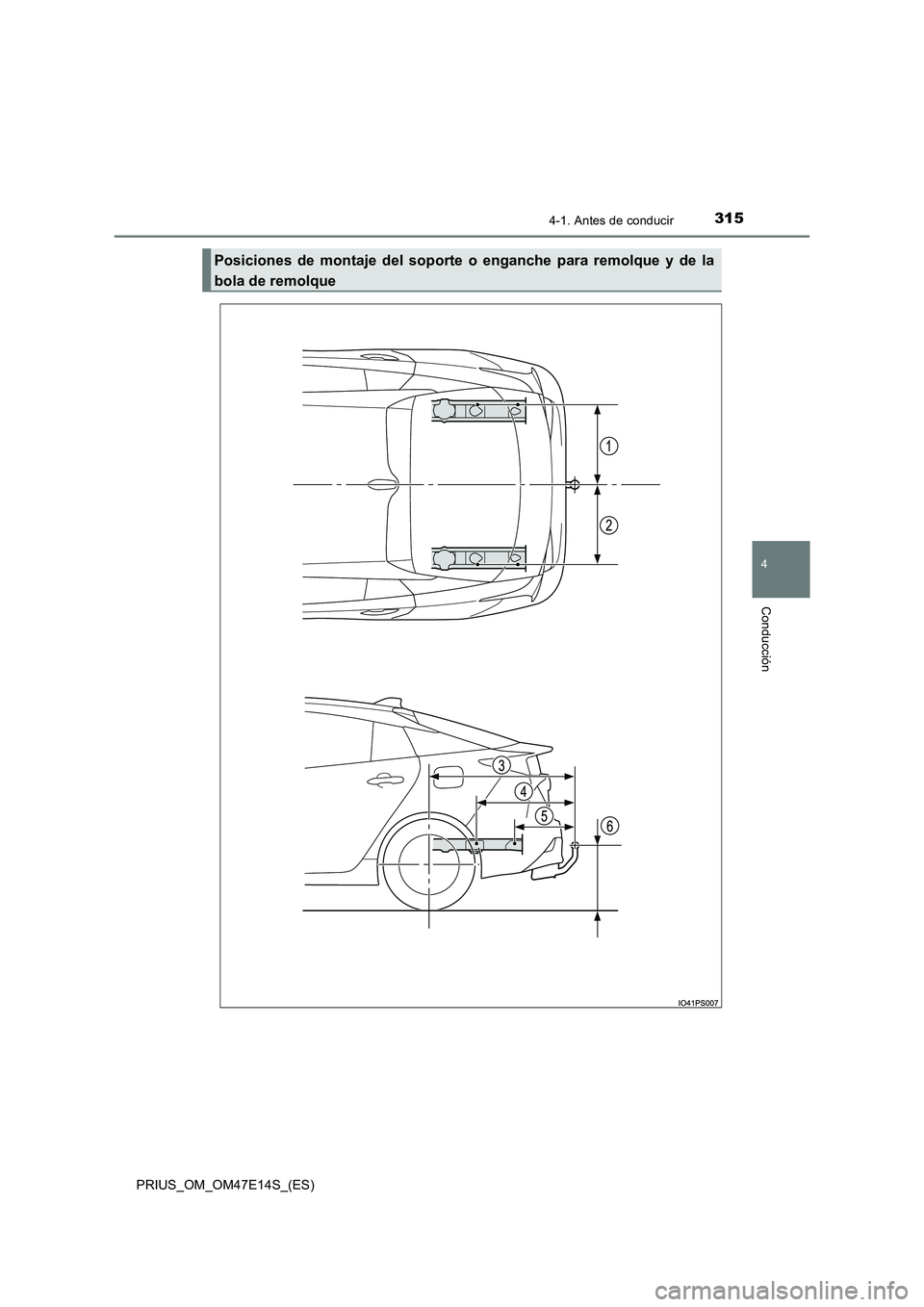 TOYOTA PRIUS 2021  Manual del propietario (in Spanish) 3154-1. Antes de conducir
4
Conducción
PRIUS_OM_OM47E14S_(ES)
Posiciones  de  montaje  del  soporte  o  enganche  para  remolque  y  de la
bola de remolque 