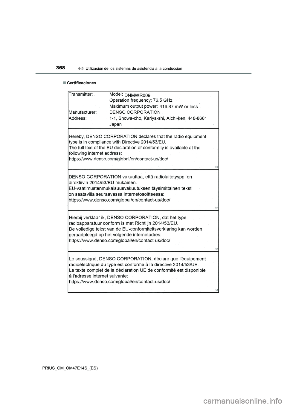 TOYOTA PRIUS 2021  Manual del propietario (in Spanish) 3684-5. Utilización de los sistemas de asistencia a la conducción
PRIUS_OM_OM47E14S_(ES)
�QCertificaciones 
