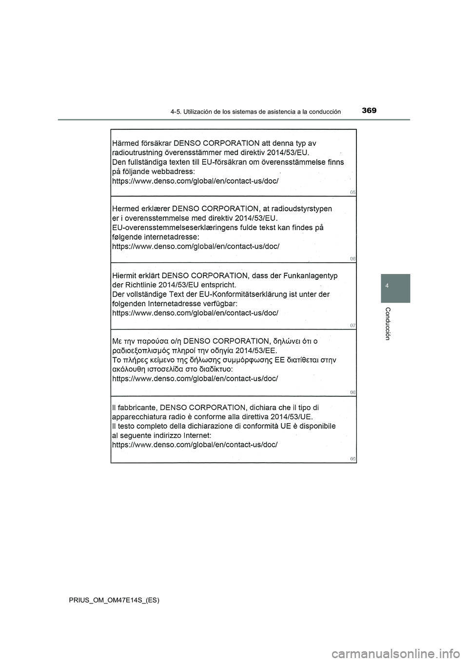 TOYOTA PRIUS 2021  Manual del propietario (in Spanish) 3694-5. Utilización de los sistemas de asistencia a la conducción
4
Conducción
PRIUS_OM_OM47E14S_(ES) 