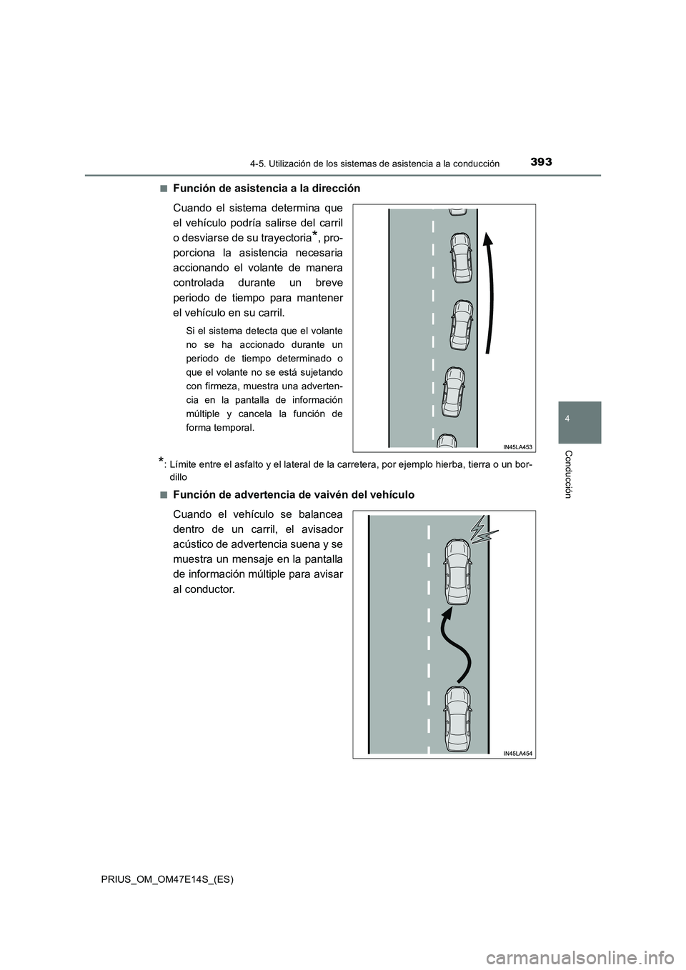 TOYOTA PRIUS 2021  Manual del propietario (in Spanish) 3934-5. Utilización de los sistemas de asistencia a la conducción
4
Conducción
PRIUS_OM_OM47E14S_(ES)�Q
Función de asistencia a la dirección
Cuando  el  sistema  determina  que
el  vehículo  pod