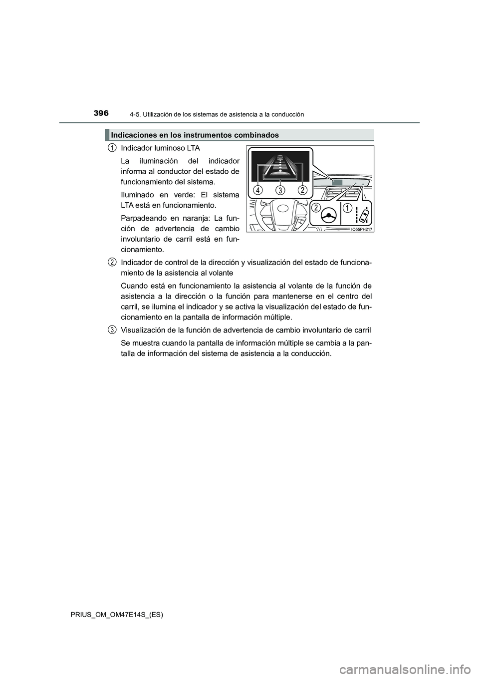 TOYOTA PRIUS 2021  Manual del propietario (in Spanish) 3964-5. Utilización de los sistemas de asistencia a la conducción
PRIUS_OM_OM47E14S_(ES)
Indicador luminoso LTA
La  iluminación  del  indicador
informa al conductor del estado de
funcionamiento del