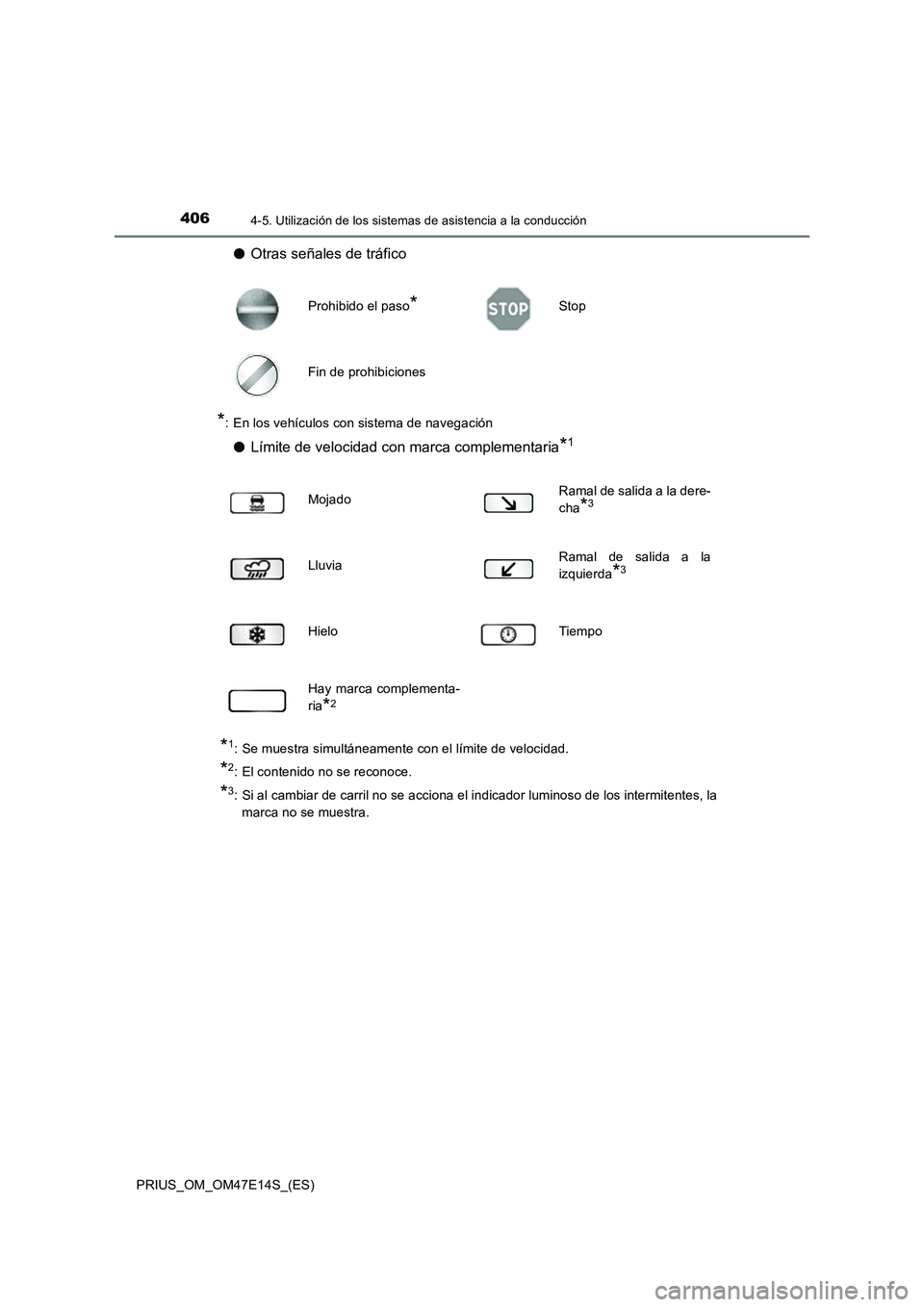 TOYOTA PRIUS 2021  Manual del propietario (in Spanish) 4064-5. Utilización de los sistemas de asistencia a la conducción
PRIUS_OM_OM47E14S_(ES)
�OOtras señales de tráfico
*: En los vehículos con sistema de navegación
�OLímite de velocidad con marca