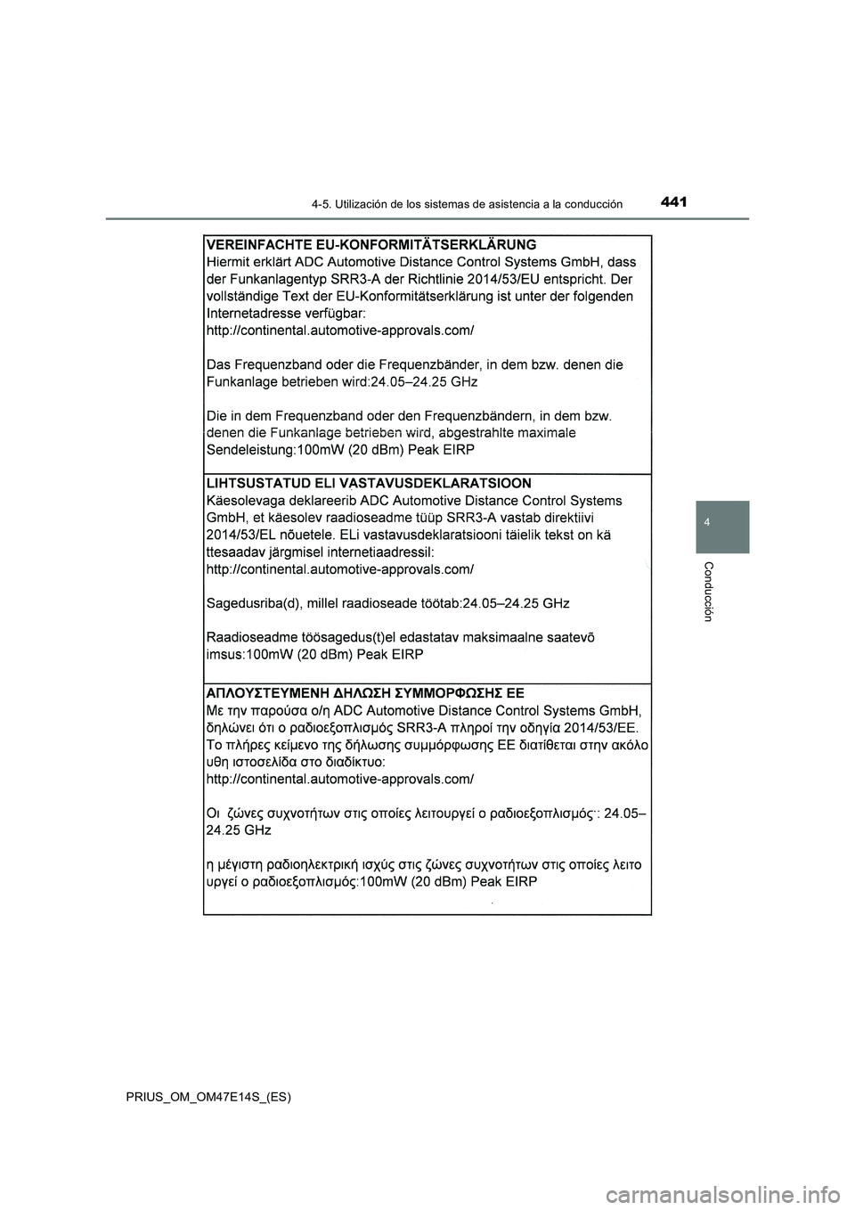 TOYOTA PRIUS 2021  Manual del propietario (in Spanish) 4414-5. Utilización de los sistemas de asistencia a la conducción
4
Conducción
PRIUS_OM_OM47E14S_(ES) 