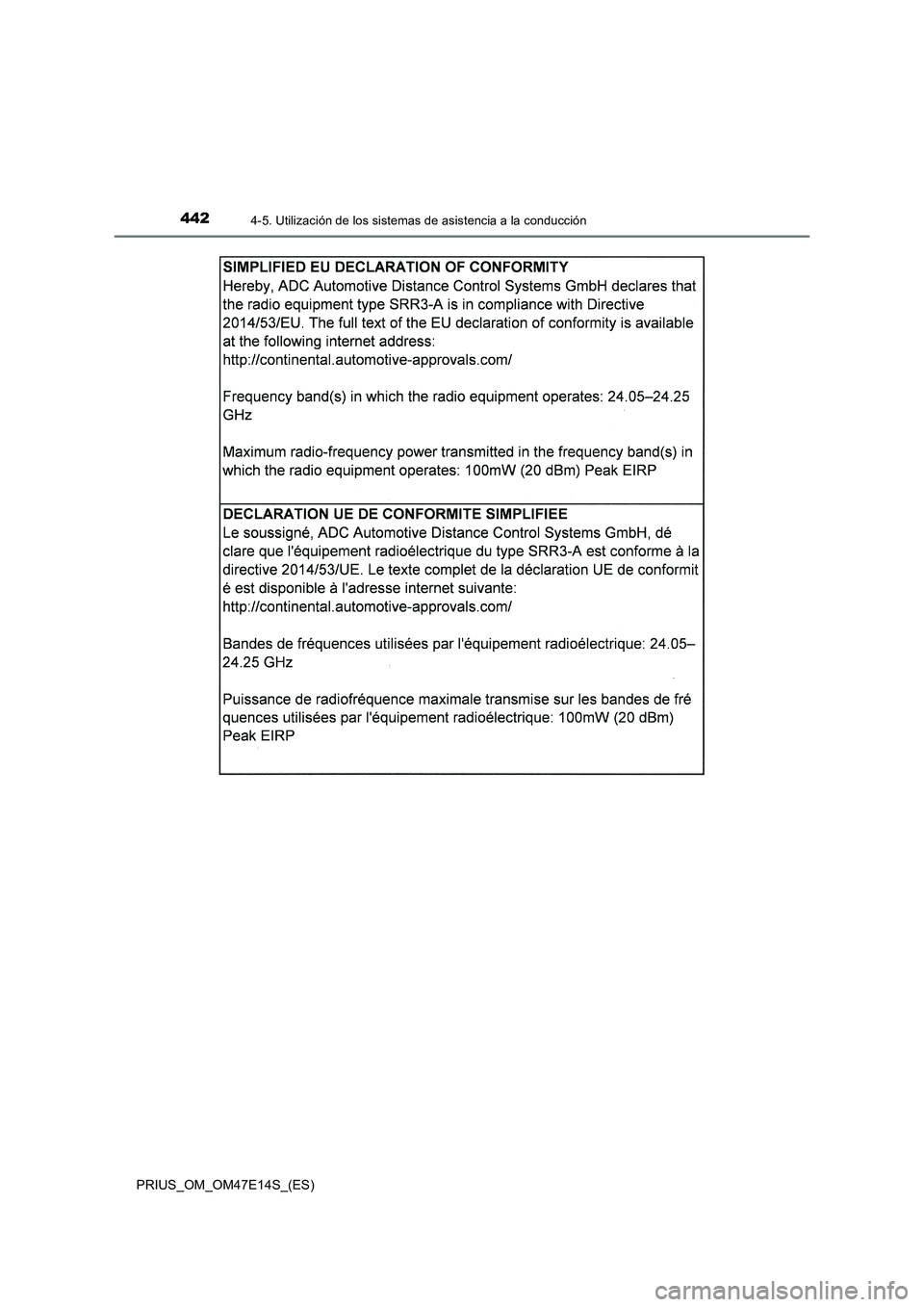 TOYOTA PRIUS 2021  Manual del propietario (in Spanish) 4424-5. Utilización de los sistemas de asistencia a la conducción
PRIUS_OM_OM47E14S_(ES) 