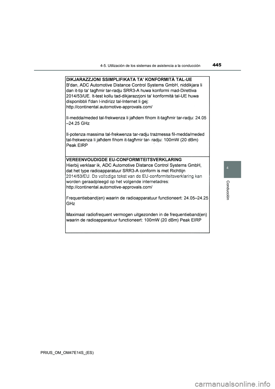 TOYOTA PRIUS 2021  Manual del propietario (in Spanish) 4454-5. Utilización de los sistemas de asistencia a la conducción
4
Conducción
PRIUS_OM_OM47E14S_(ES) 