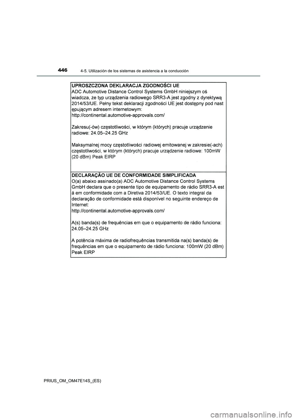 TOYOTA PRIUS 2021  Manual del propietario (in Spanish) 4464-5. Utilización de los sistemas de asistencia a la conducción
PRIUS_OM_OM47E14S_(ES) 