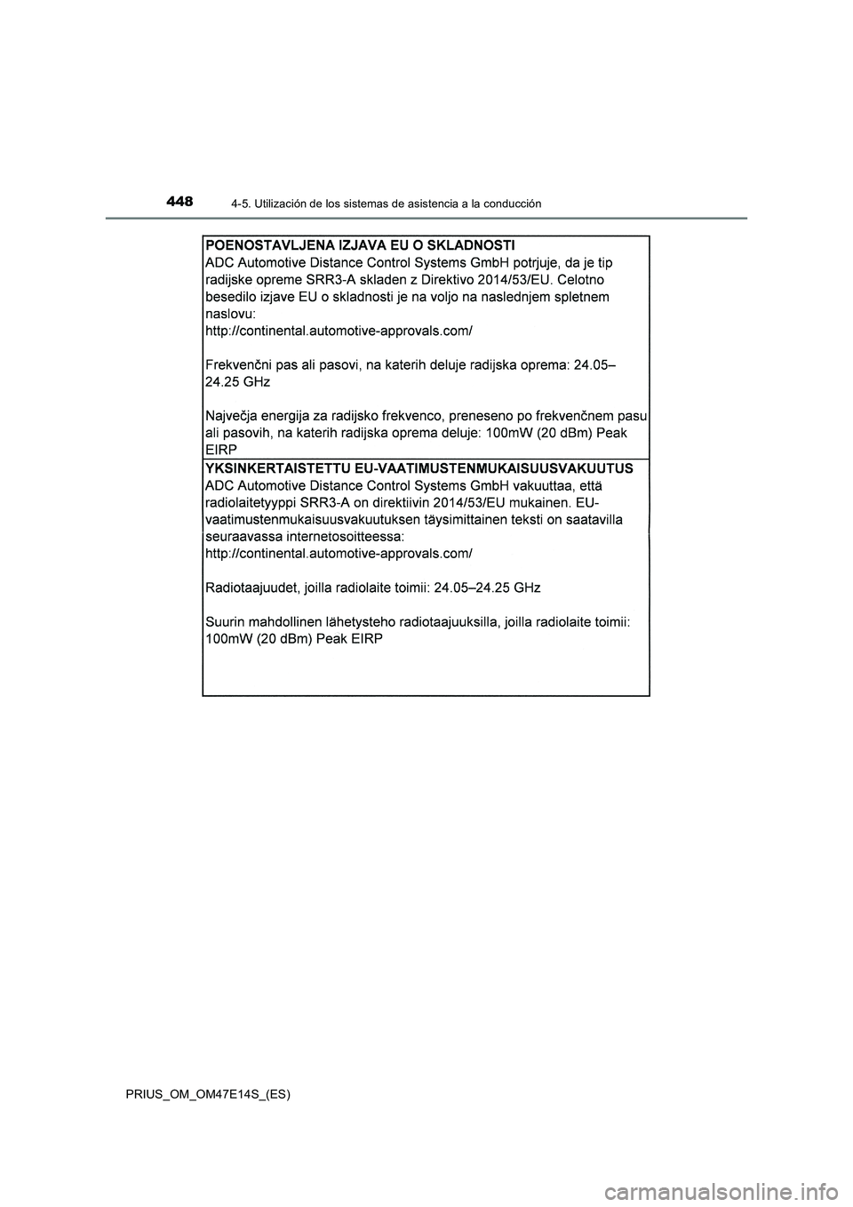 TOYOTA PRIUS 2021  Manual del propietario (in Spanish) 4484-5. Utilización de los sistemas de asistencia a la conducción
PRIUS_OM_OM47E14S_(ES) 